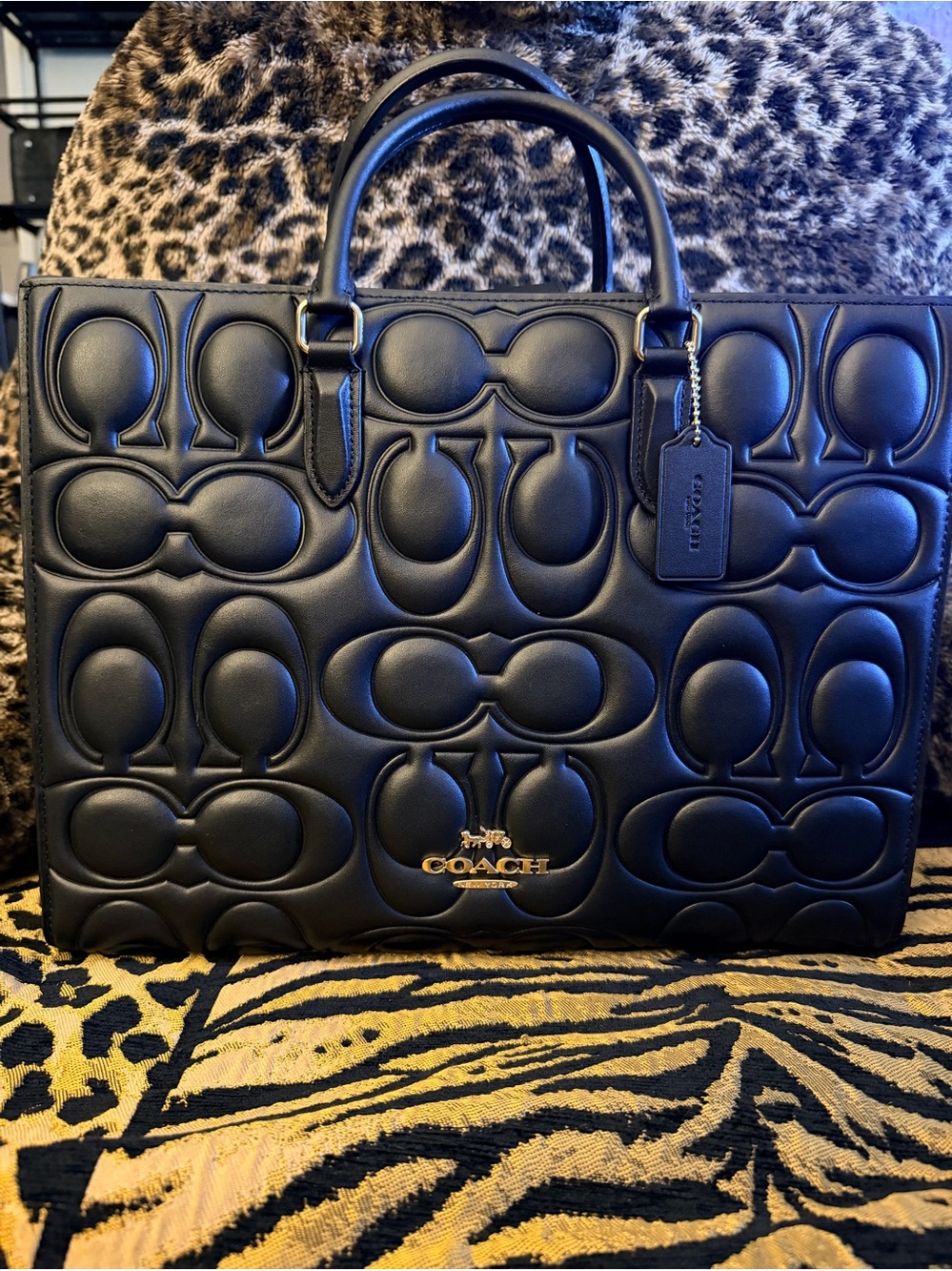 Coach Black Quilted Signature Leather Tote with Gold Logo